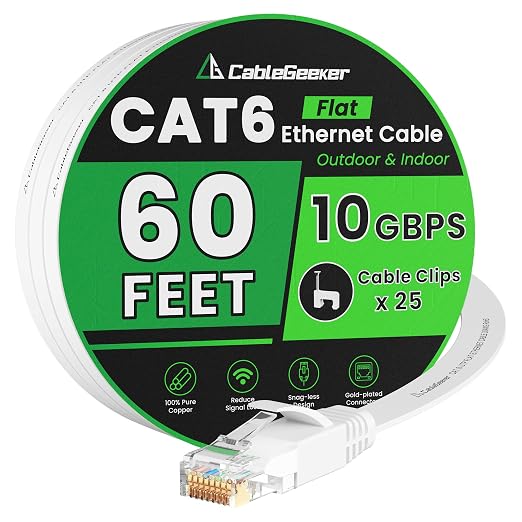 Cat 6 Ethernet Cable 60 ft, Indoor&Outdoor, High Speed 10Gbps Flat Internet by CableGeeker