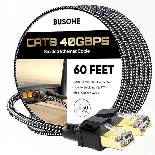BUSOHE Cat 8 Ethernet Cable 60 FT, High Speed 40Gbps 2000Mhz Braided Network by BUSOHE