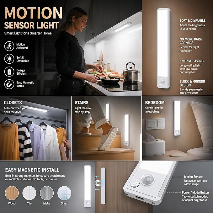 Under Cabinet Rechargeable Lighting: 8 Inch Motion Sensor Dimmable Lights Indoor - Image 3
