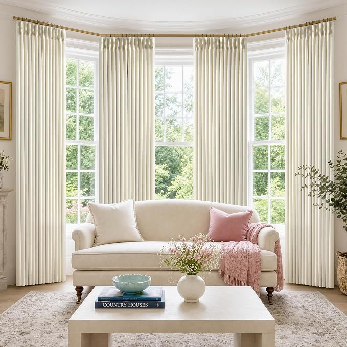 Cream Beige Pinch Pleated Linen Curtains 105 Inch 4 Panels Set by Twodrapes