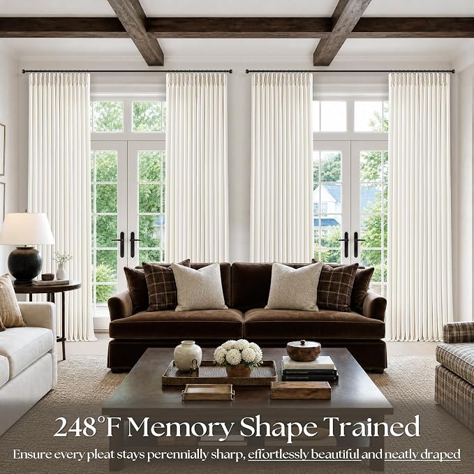 Pinch Pleated Thick Linen Curtains 96 Inch 4 Panels Set Ivory Cream Memory - Image 7