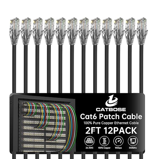 2 Feet Cat6 Patch Cables, Solid Pure Copper Patch Cord, Cat 6 Ethernet Cable by CatBose