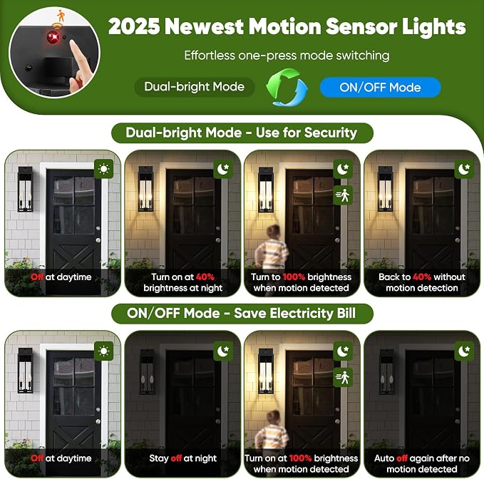 2-Pack Upgraded Motion Sensor Outdoor Wall Lights, 18” Large Dusk to Dawn Porch - Image 2
