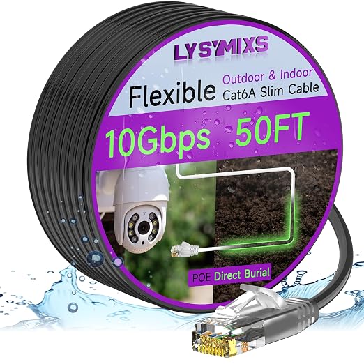 Cat6a Slim Ethernet Patch Cable 50ft Outdoor & Indoor, Flexible 10G Cat6 by Lysymixs