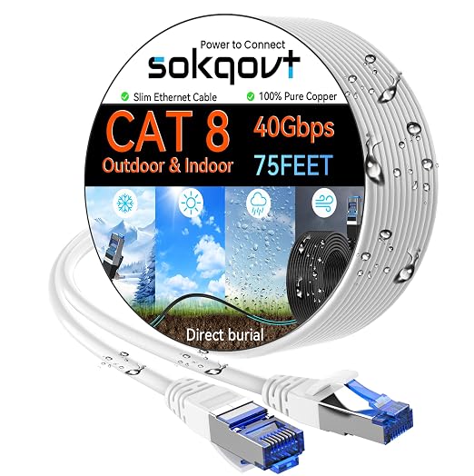 Sokqovt Cat 8 Ethernet Cable Slim 75ft Outdoor&Indoor, Pure Copper Cat8 by Unknown