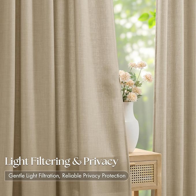 Pleated Tan Oatmeal Semi Sheer Sliding Door Curtains 105 Inches Long 4 Panels - Image 4