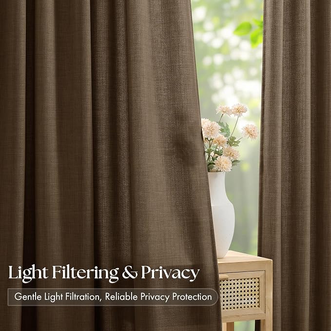 Pleated Chocolate Brown Semi Sheer Sliding Door Curtains 105 Inches Long 4 - Image 3