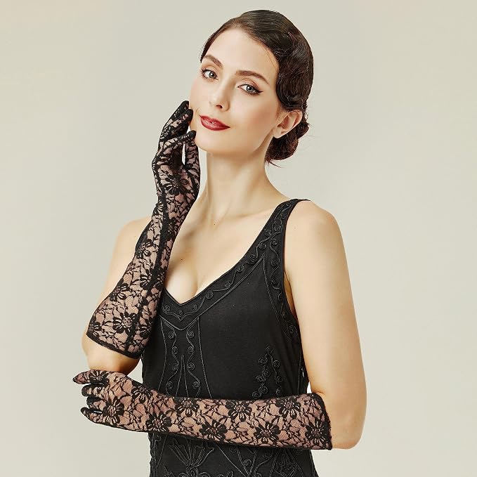 BABEYOND Lace Gloves for Women Long Floral Wedding Gloves for Bride Satin Elbow - Image 3