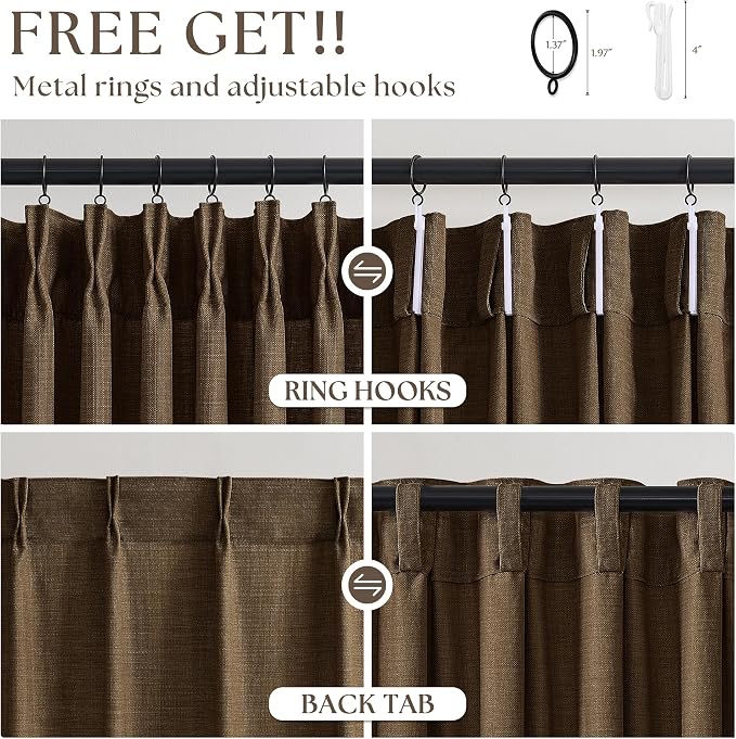 Chocolate Brown Pinch Pleated Bedroom Curtains 102 Inches Long 4 Panels Set - Image 5