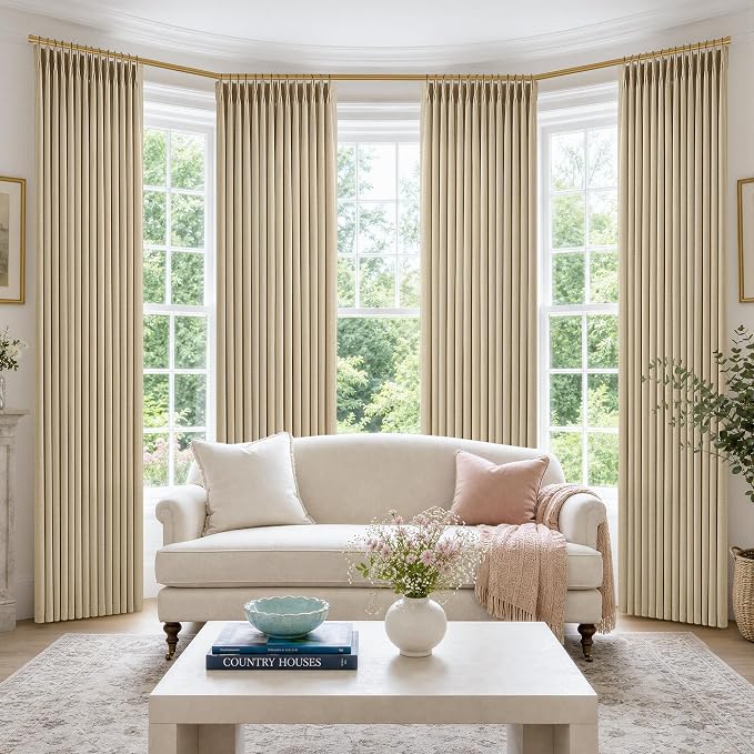 Pleated Tan Oatmeal Semi Sheer Sliding Door Curtains 105 Inches Long 4 Panels - Image 8